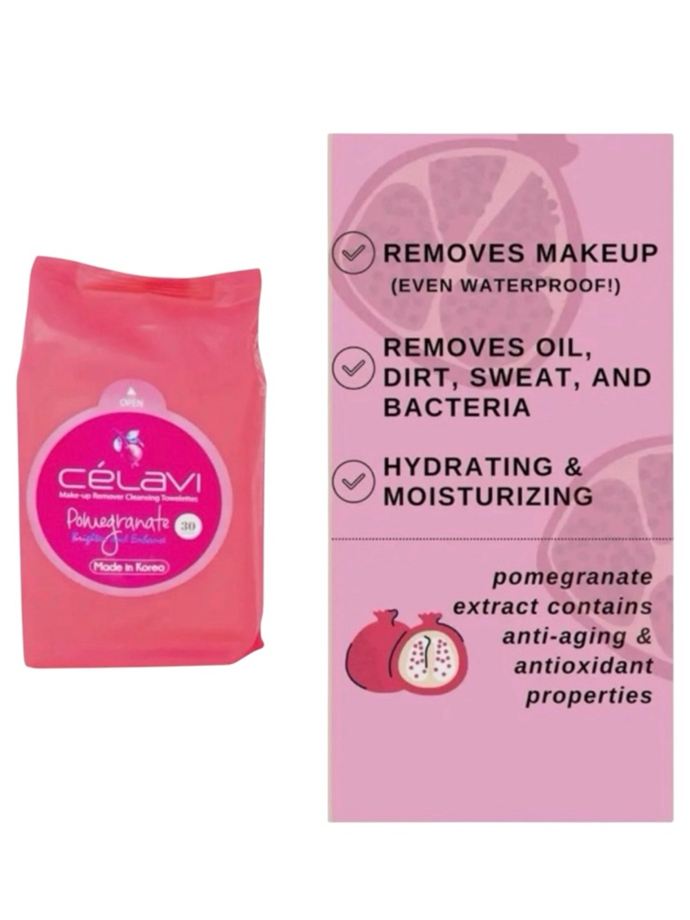Celavi Pomegranate Korean Makeup Remover Cleansing Wipes Removing 30 Towelettes